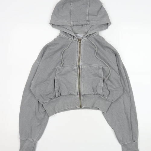 Zara Women Grey Cropped Hooded Zip Jacket Size 12