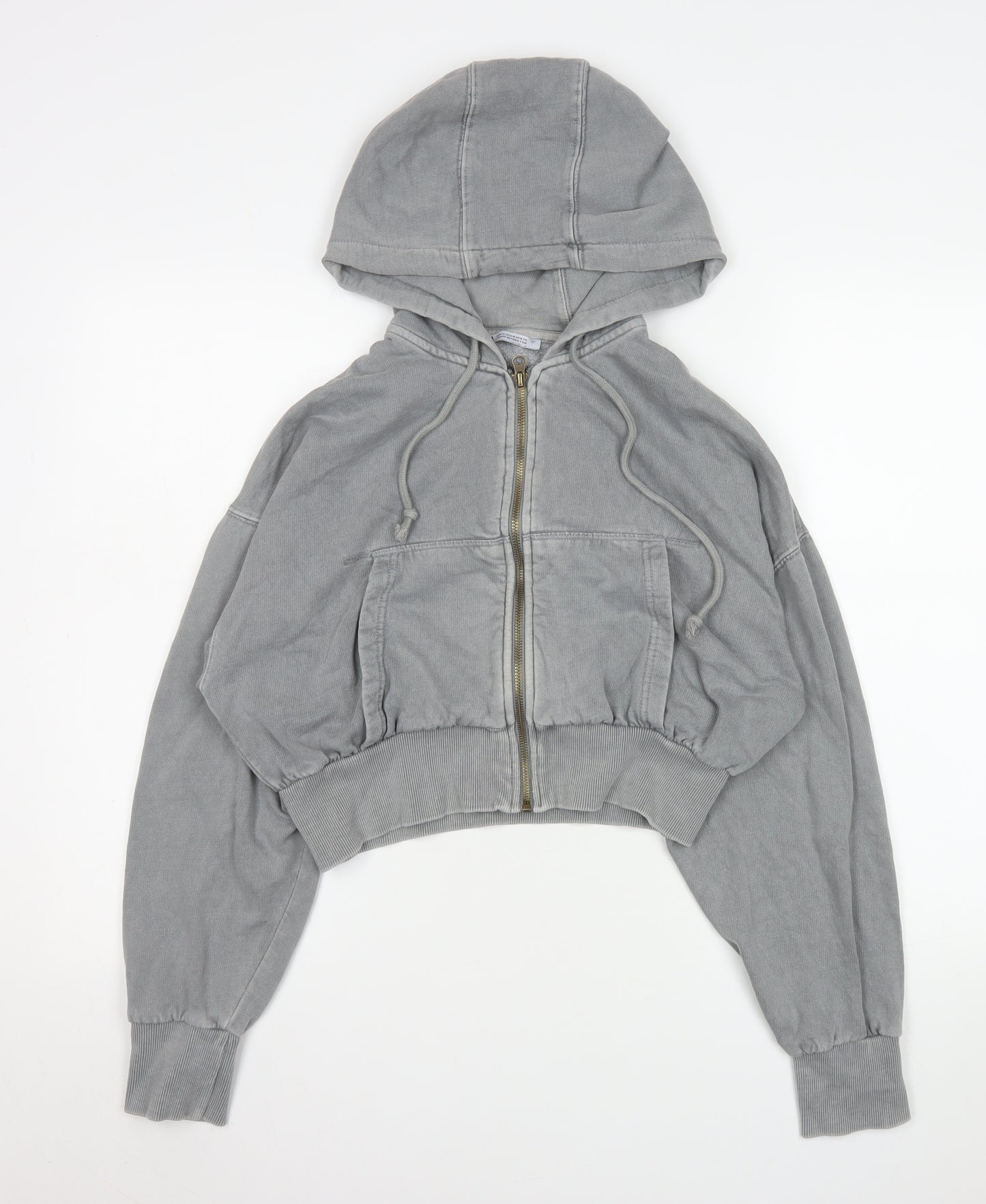 Zara Women Grey Cropped Hooded Zip Jacket Size 12