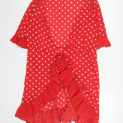 Boohoo Women Red Polka Dot Wrap Dress Size 10 Ruffle Short 3/4 Sleeve