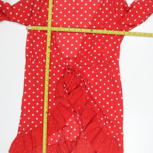 Boohoo Women Red Polka Dot Wrap Dress Size 10 Ruffle Short 3/4 Sleeve