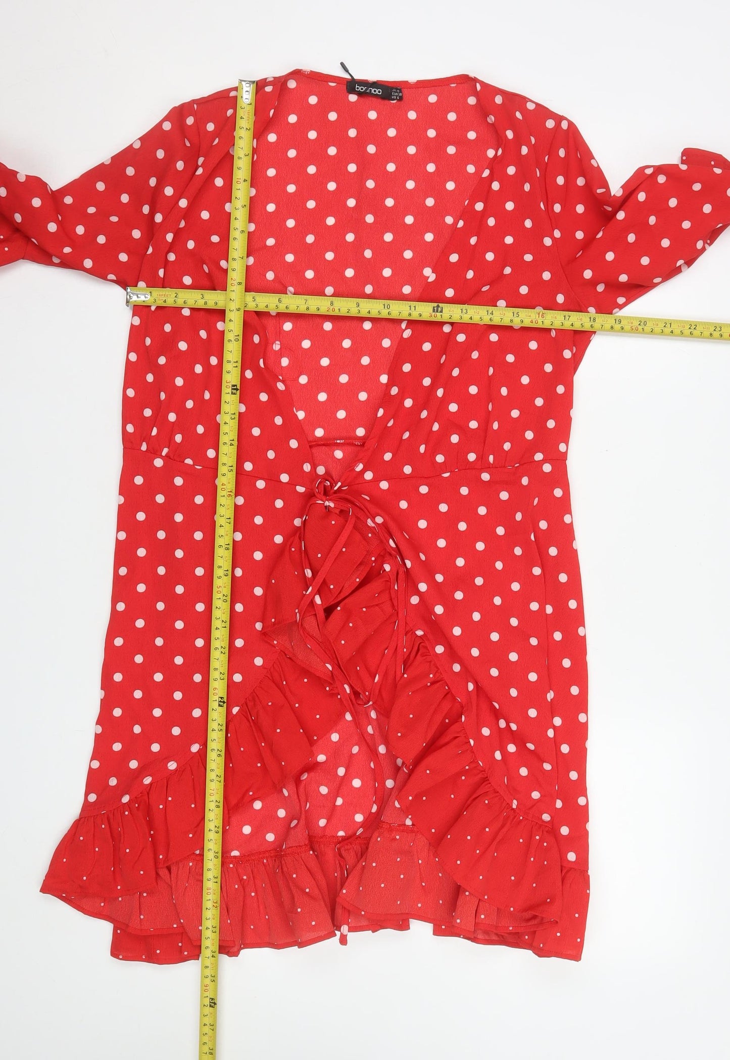 Boohoo Women Red Polka Dot Wrap Dress Size 10 Ruffle Short 3/4 Sleeve