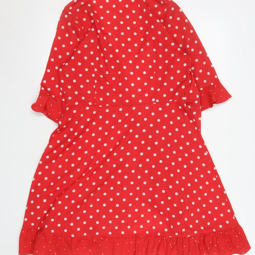 Boohoo Women Red Polka Dot Wrap Dress Size 10 Ruffle Short 3/4 Sleeve