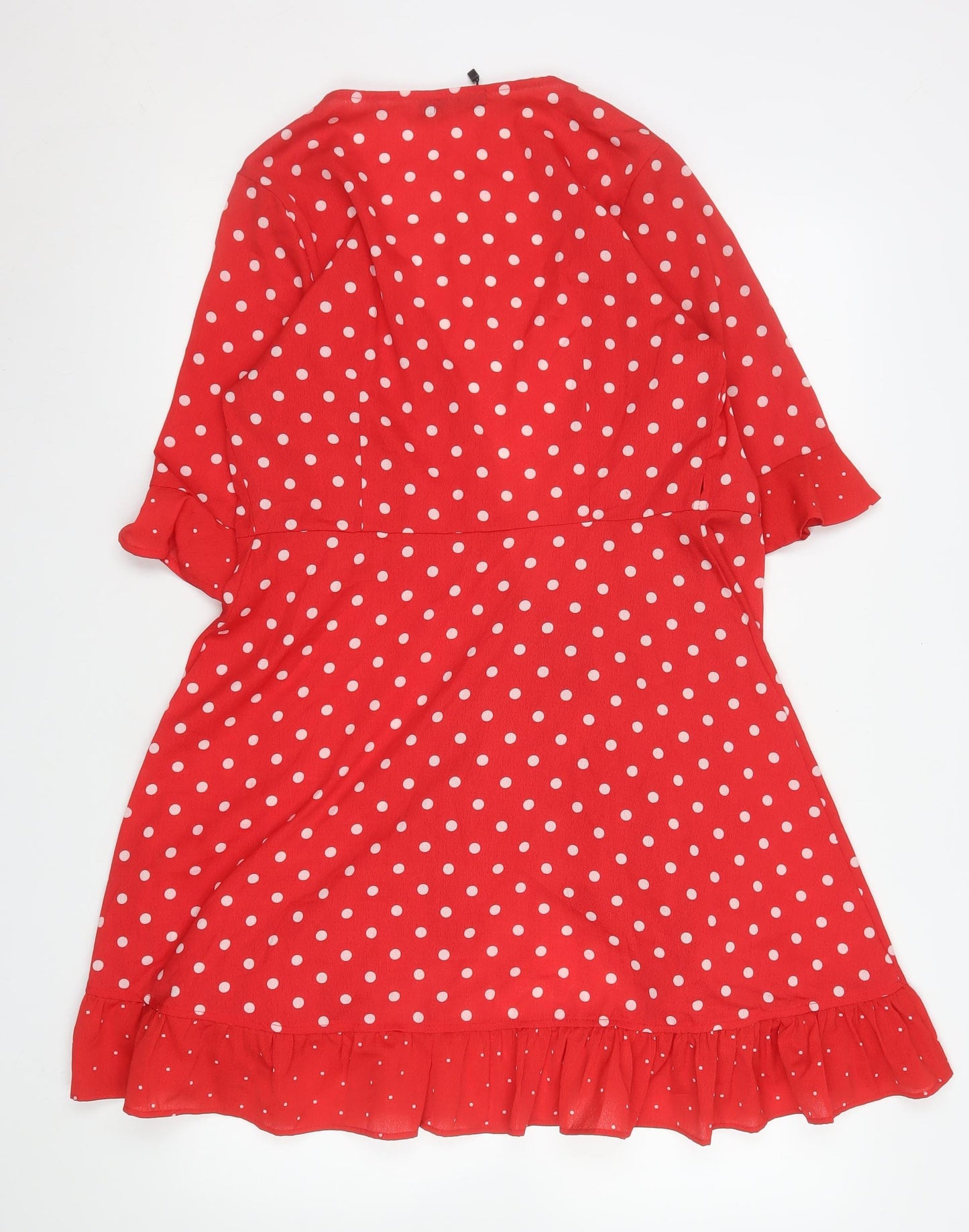 Boohoo Women Red Polka Dot Wrap Dress Size 10 Ruffle Short 3/4 Sleeve