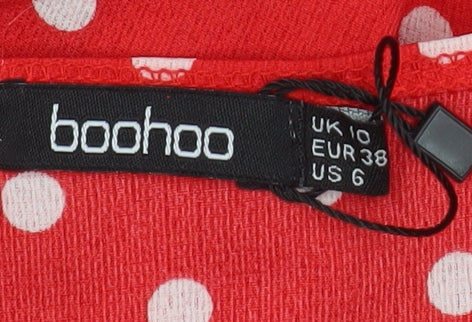Boohoo Women Red Polka Dot Wrap Dress Size 10 Ruffle Short 3/4 Sleeve