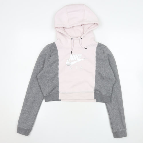 Nike Women’s Pink and Grey Cropped Hoodie Medium Cotton Blend