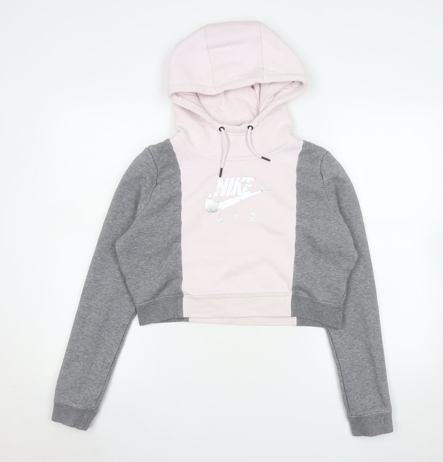 Nike Women’s Pink and Grey Cropped Hoodie Medium Cotton Blend
