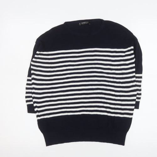 Mango Women’s Navy and White Striped Relaxed Fit Pullover Jumper Size 12