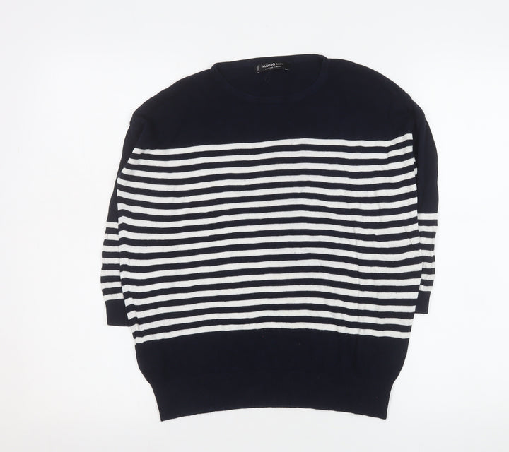 Mango Women’s Navy and White Striped Relaxed Fit Pullover Jumper Size 12
