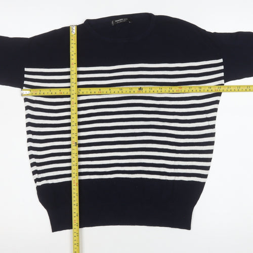 Mango Women’s Navy and White Striped Relaxed Fit Pullover Jumper Size 12