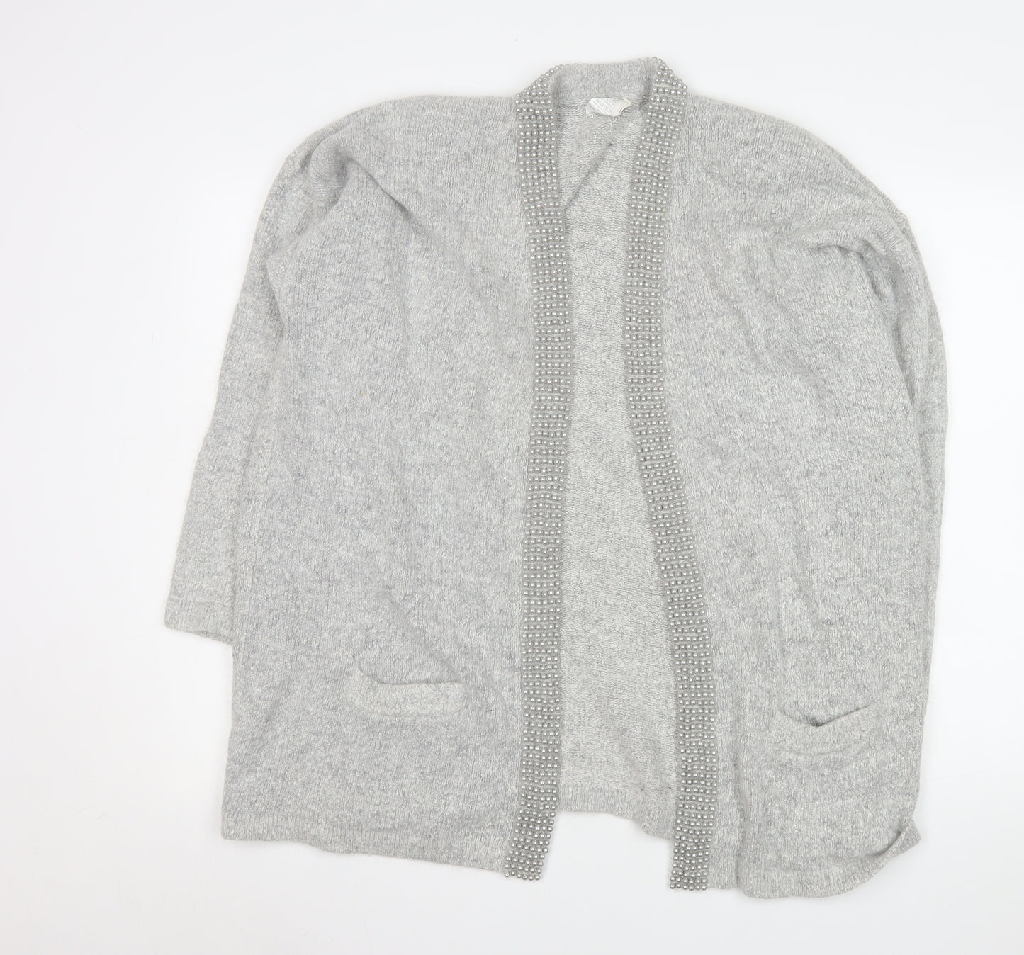 Classics & Co Women’s Grey Beaded Long Silk Blend Knit Coatigan Size 14/16