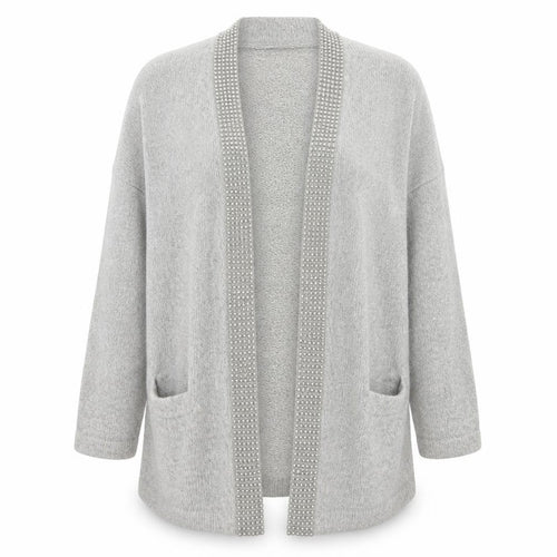 Classics & Co Women’s Grey Beaded Long Silk Blend Knit Coatigan Size 14/16