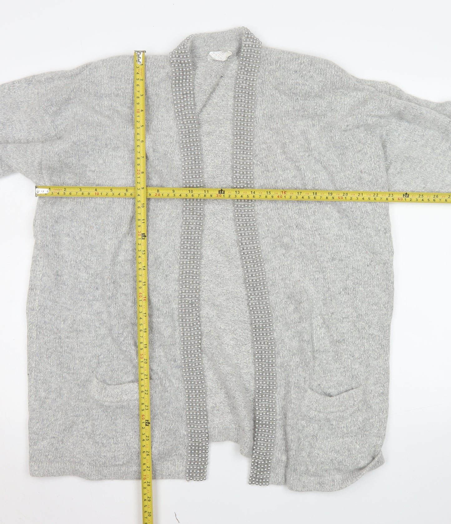 Classics & Co Women’s Grey Beaded Long Silk Blend Knit Coatigan Size 14/16