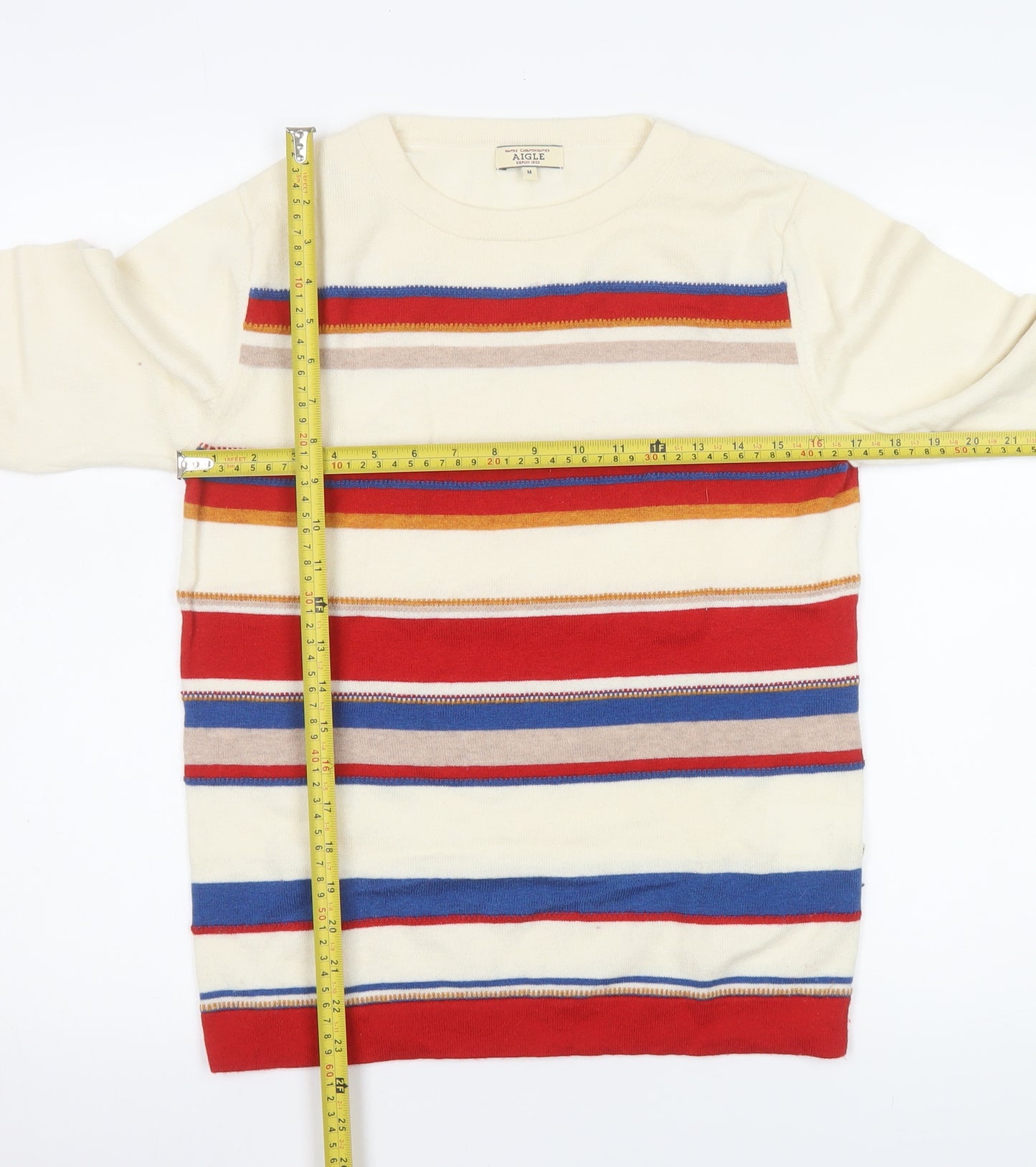 Aigle Men's Multicoloured Striped Wool Jumper M Crew Neck Pullover