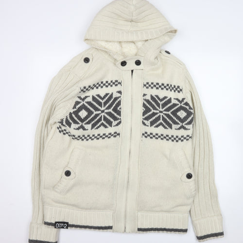 Next Men’s Ivory Fair Isle Hooded Knit Jacket L Wool Blend Winter