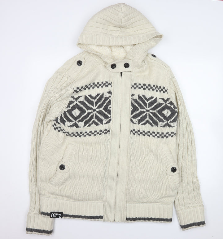 Next Men’s Ivory Fair Isle Hooded Knit Jacket L Wool Blend Winter