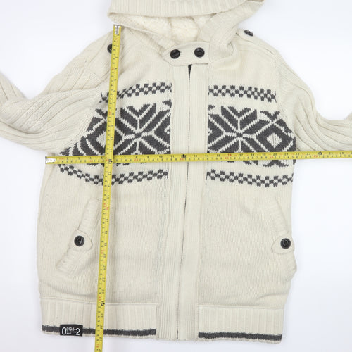 Next Men’s Ivory Fair Isle Hooded Knit Jacket L Wool Blend Winter
