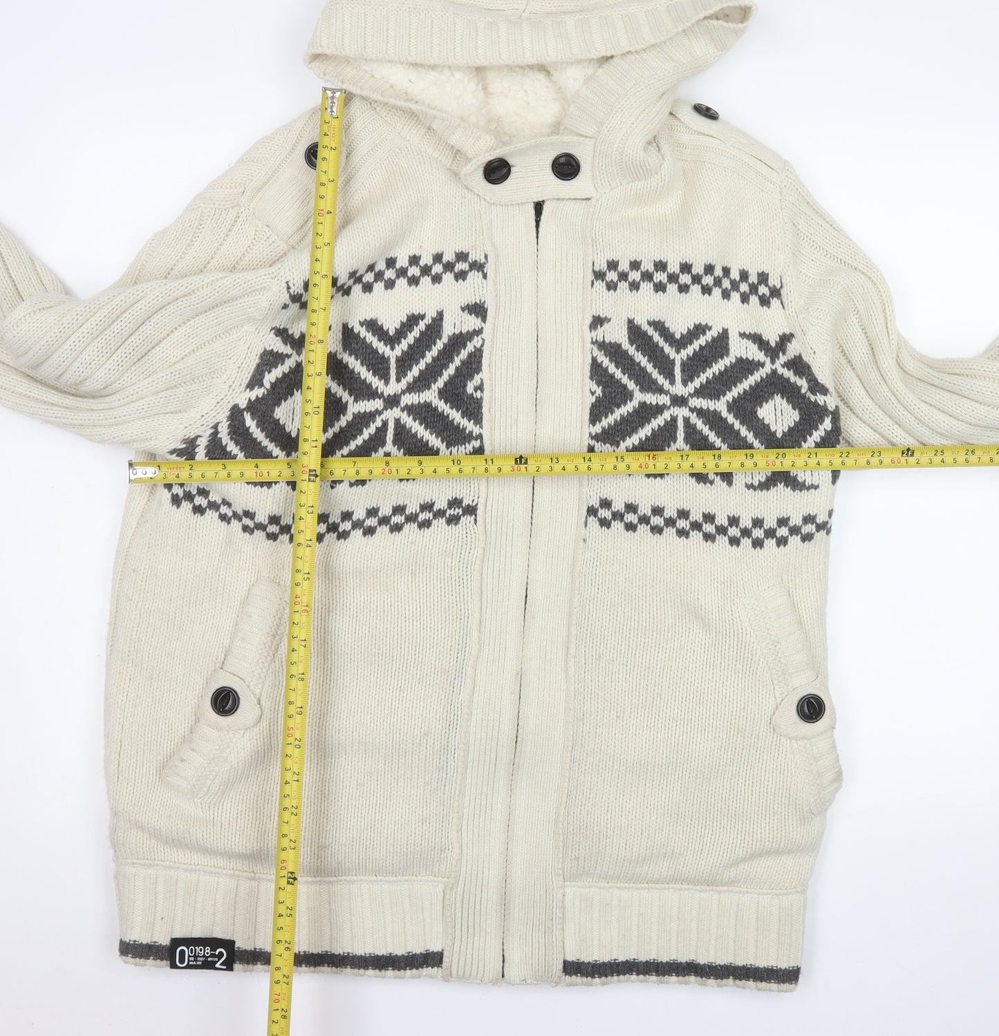 Next Men’s Ivory Fair Isle Hooded Knit Jacket L Wool Blend Winter