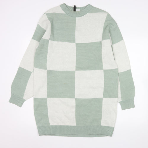 H&M Divided Women’s Green & White Check Knit Jumper Dress Size S