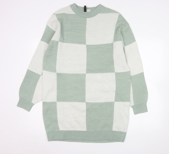 H&M Divided Women’s Green & White Check Knit Jumper Dress Size S