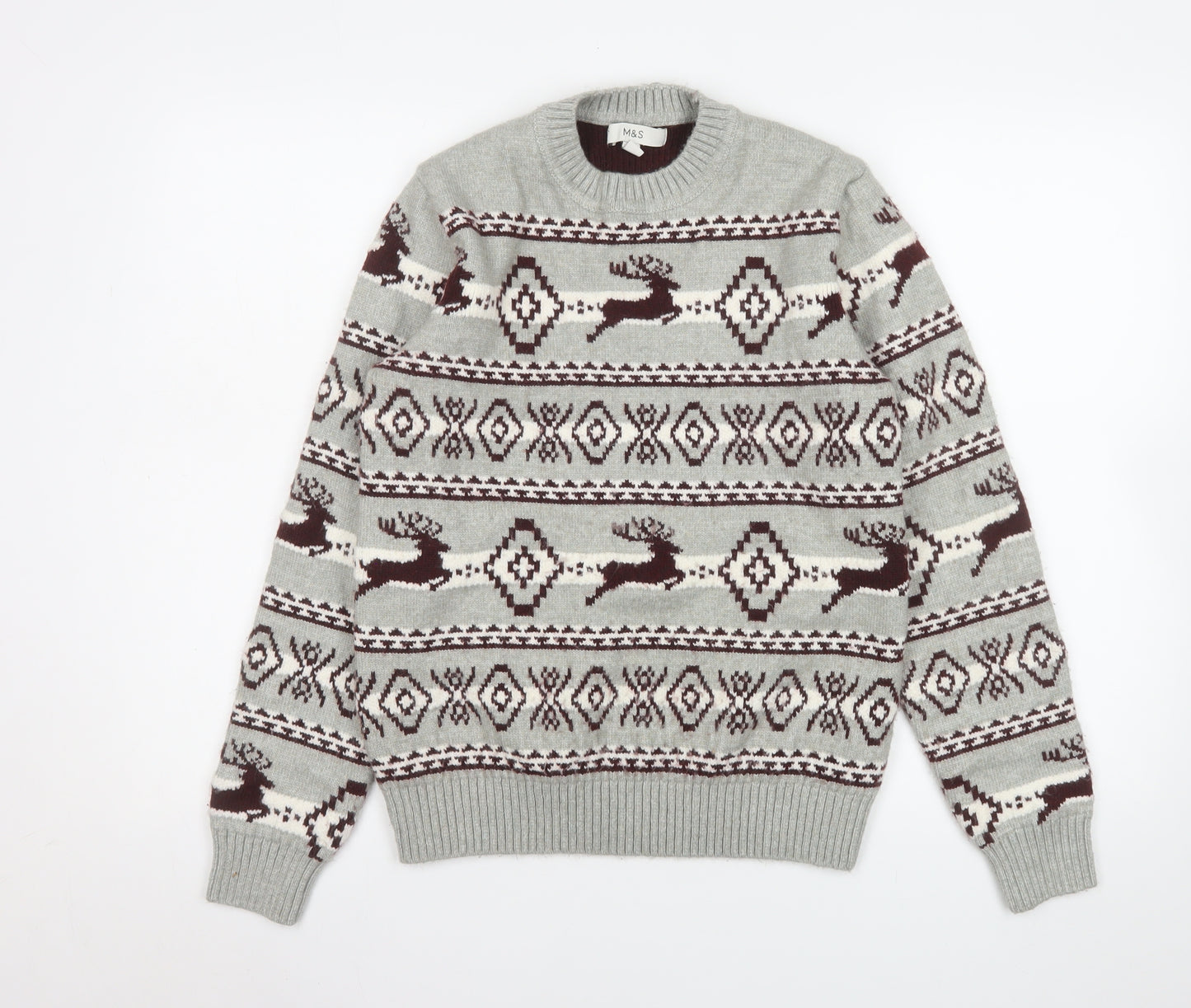 Marks and Spencer Men's Grey Fair Isle Reindeer Jumper Size S