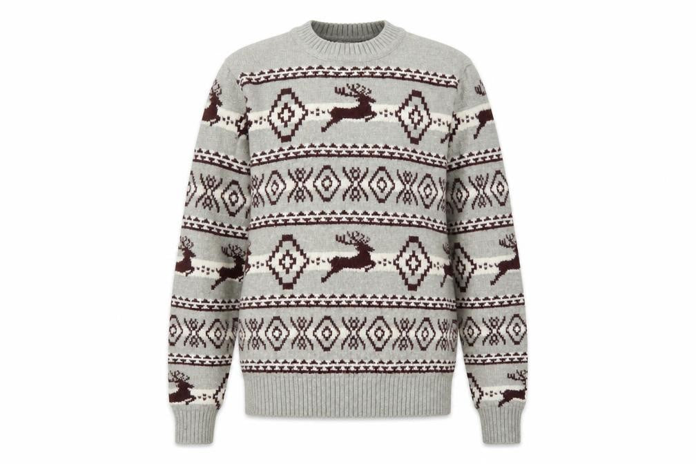 Front view of Marks & Spencer Men's Grey Fair Isle Reindeer Jumper, size S