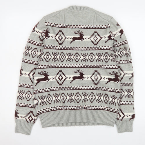 Marks and Spencer Men's Grey Fair Isle Reindeer Jumper Size S