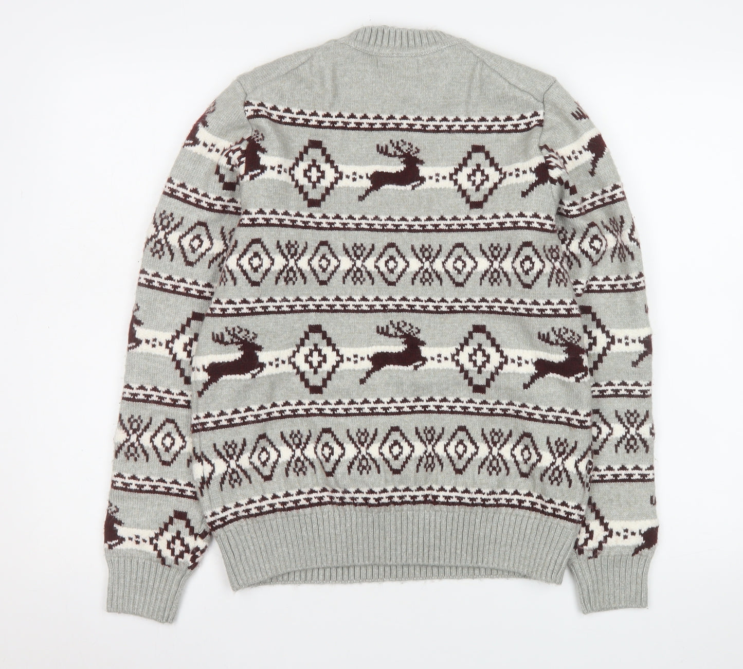 Marks and Spencer Men's Grey Fair Isle Reindeer Jumper Size S