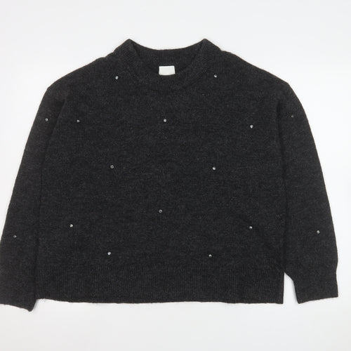 H&M Womens Grey Beaded Crew Neck Knit Jumper Size 12
