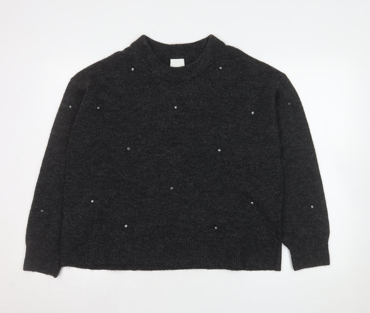H&M Womens Grey Beaded Crew Neck Knit Jumper Size 12