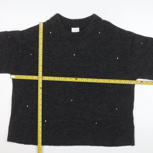 H&M Womens Grey Beaded Crew Neck Knit Jumper Size 12