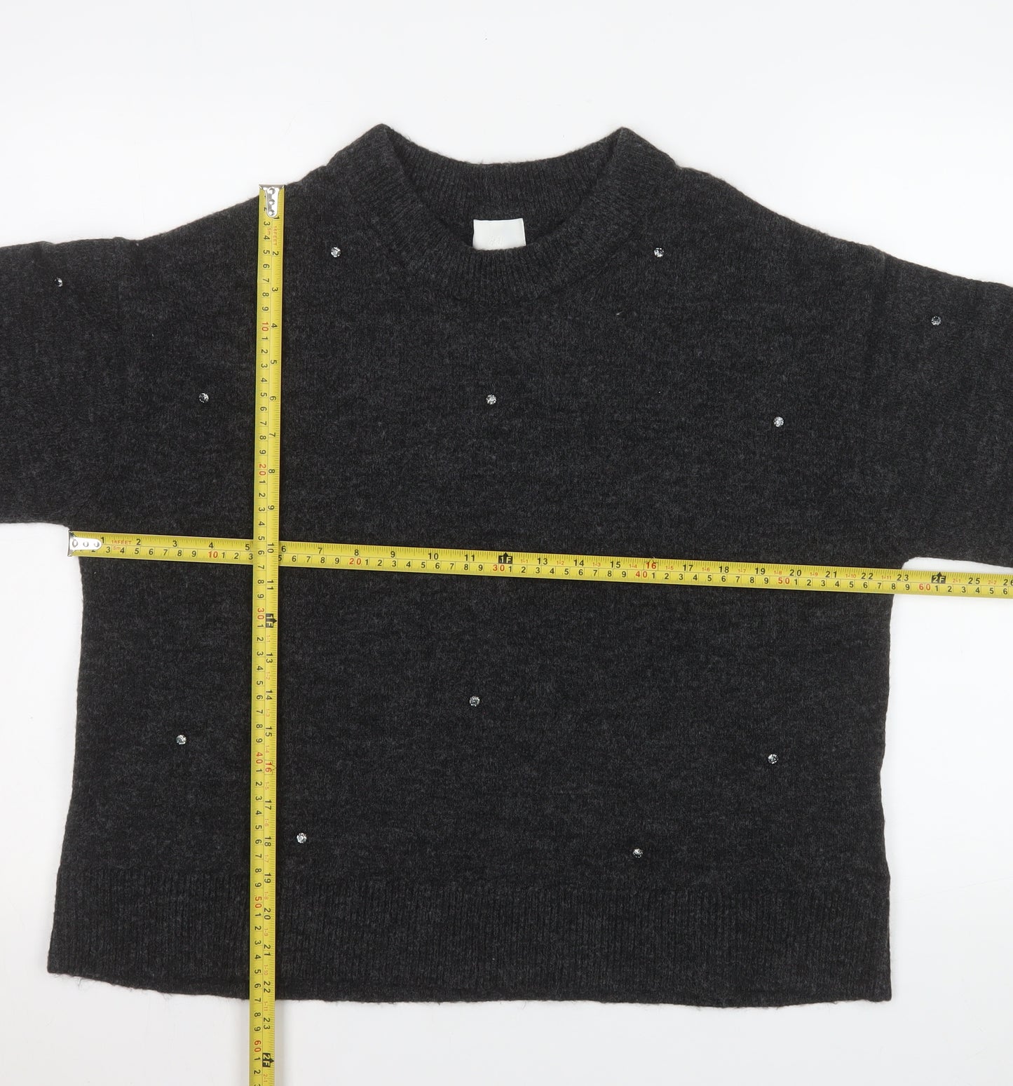 H&M Womens Grey Beaded Crew Neck Knit Jumper Size 12