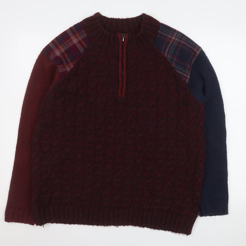 Joe Browns Men Red Check Knit Quarter Zip Jacket Size L