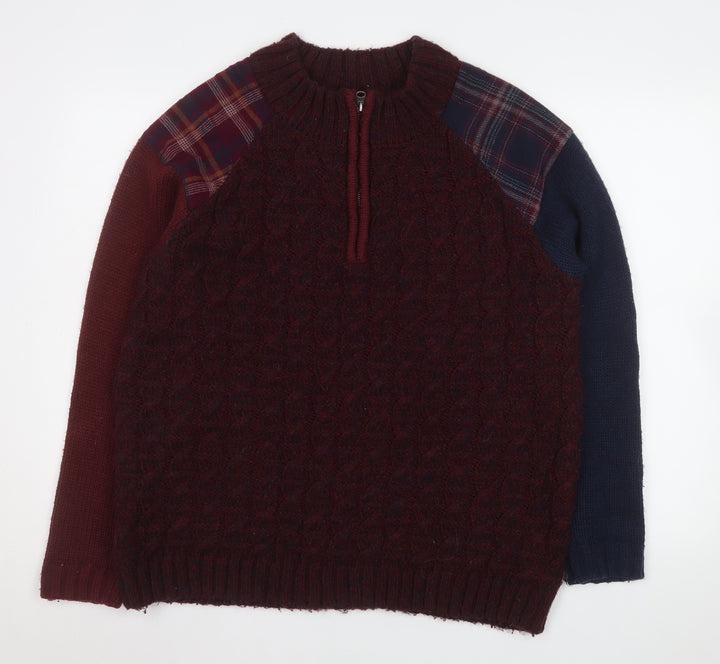 Joe Browns Men Red Check Knit Quarter Zip Jacket Size L