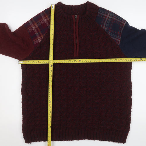 Joe Browns Men Red Check Knit Quarter Zip Jacket Size L