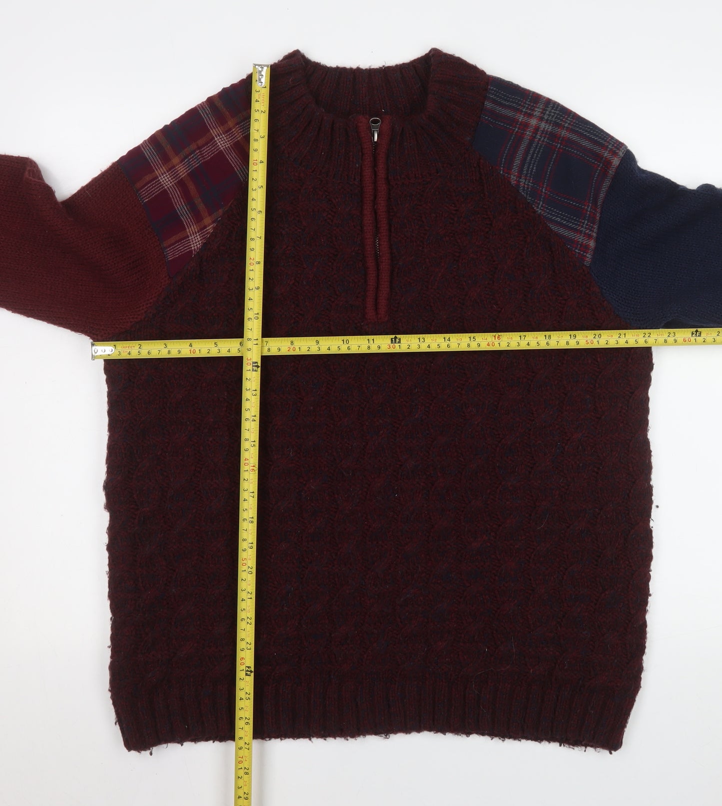 Joe Browns Men Red Check Knit Quarter Zip Jacket Size L