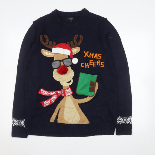 Next Men Blue Christmas Reindeer Jumper M Pullover Funny Knit