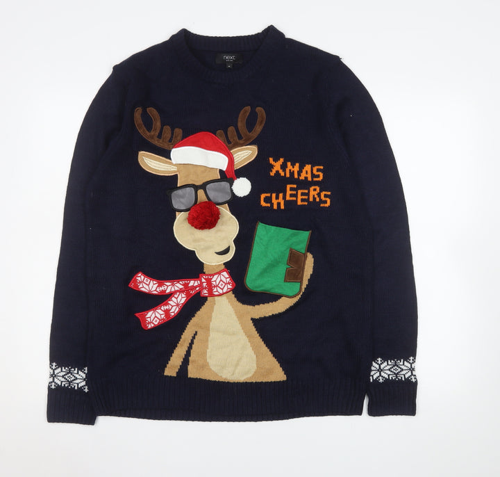 Next Men Blue Christmas Reindeer Jumper M Pullover Funny Knit