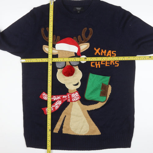 Next Men Blue Christmas Reindeer Jumper M Pullover Funny Knit