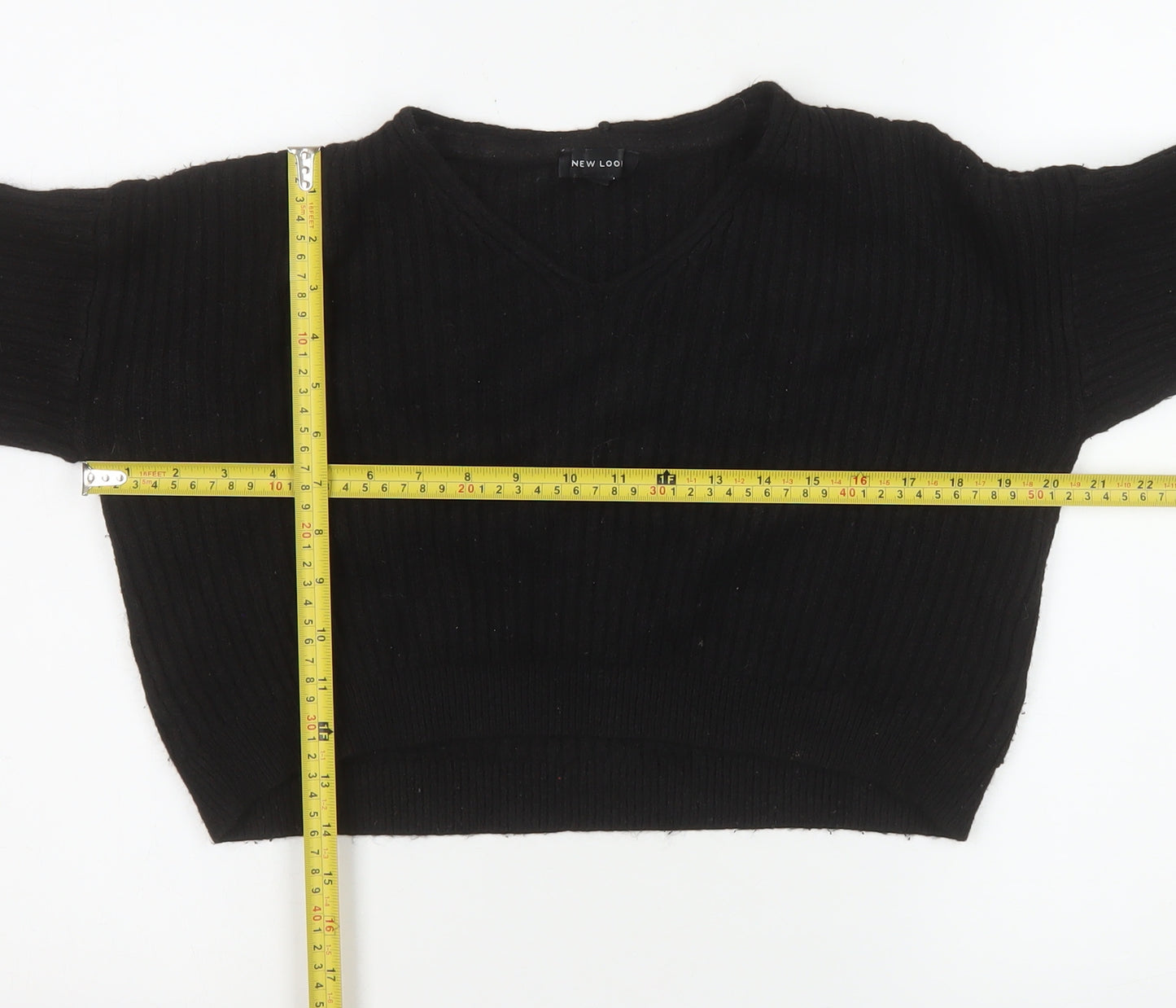 New Look Women’s Black V-Neck Ribbed Knit Pullover Jumper Size S