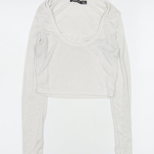 Boohoo Womens White Cropped Long Sleeve Scoop Neck Top Size 6