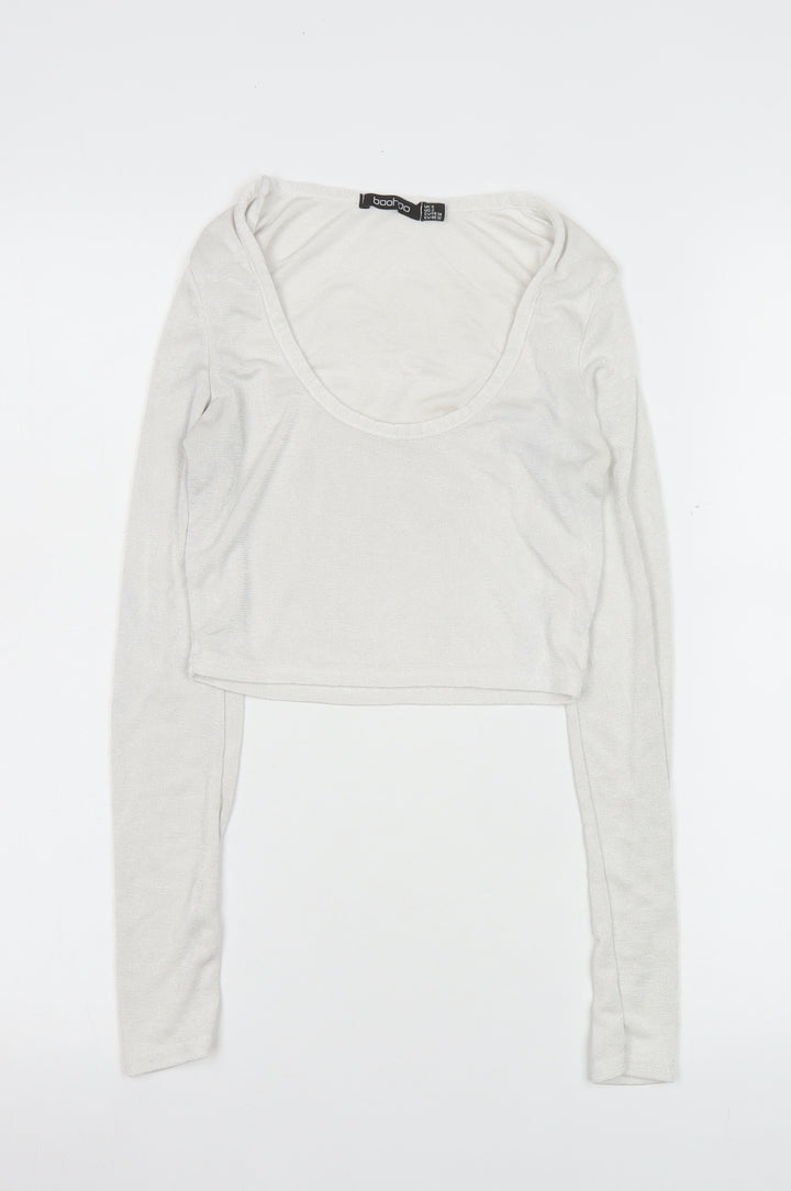 Boohoo Womens White Cropped Long Sleeve Scoop Neck Top Size 6