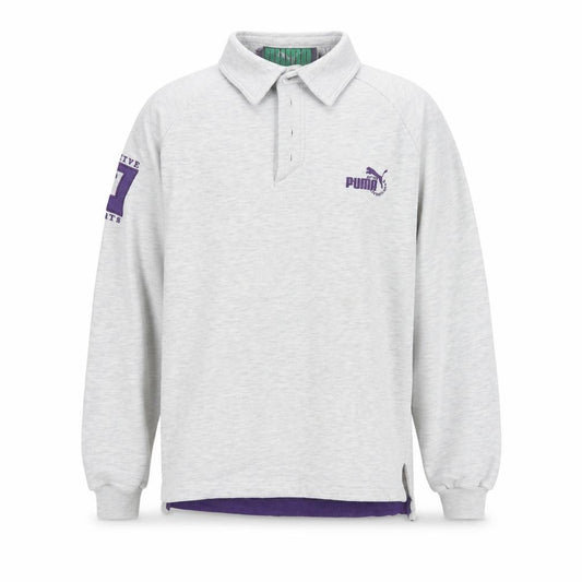 Front view of Puma Men's Grey Retro Long Sleeve Polo Shirt, size S