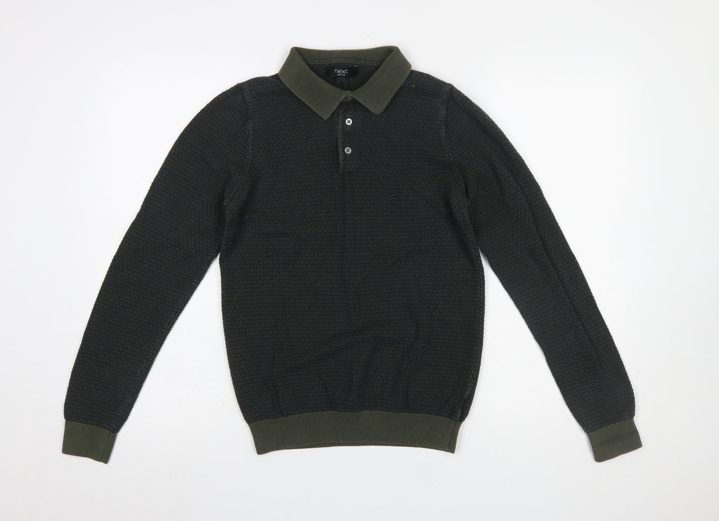 Next Men's Green Collared Cotton Henley Jumper Size S