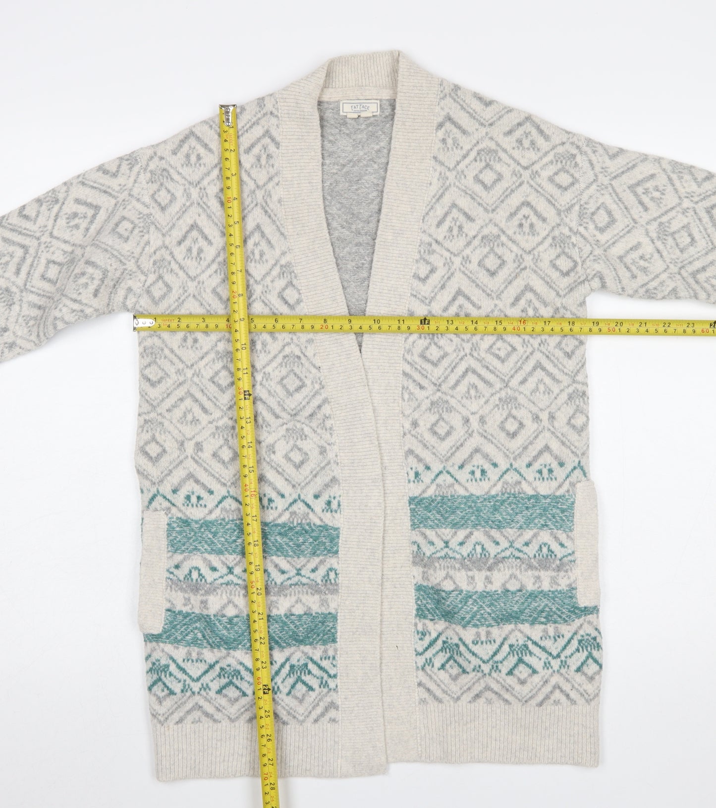 FatFace Women Grey Fair Isle Open Cardigan UK 8 Wool Blend Knit
