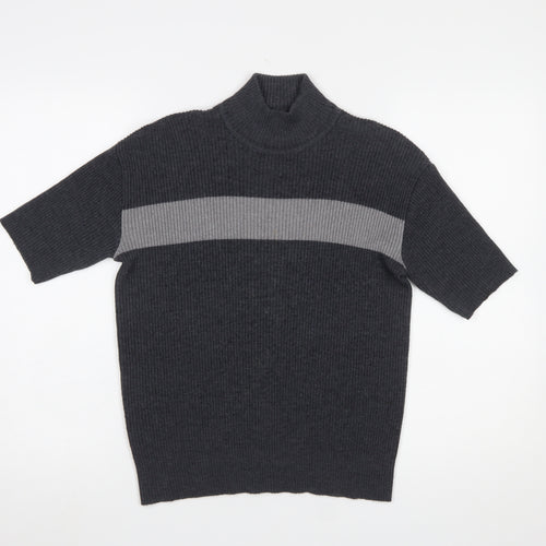 English Lady Womens Grey Mock Neck Short Sleeve Merino Wool Knit Jumper M