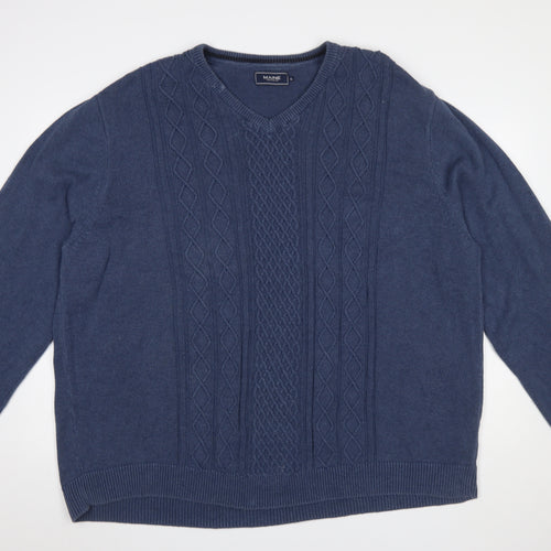 Maine New England Men's Blue XL Cable-Knit Cotton V-Neck Jumper