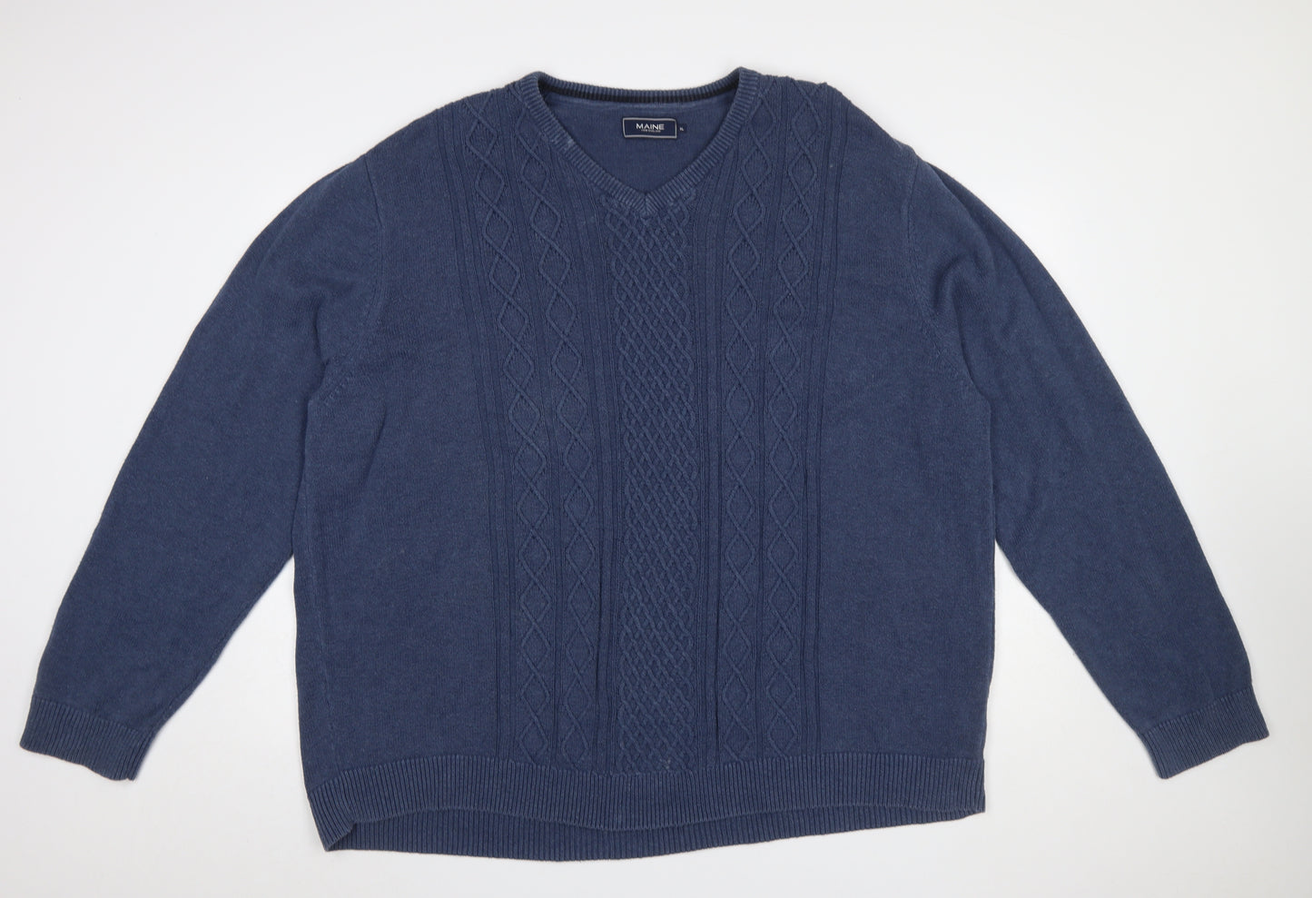 Maine New England Men's Blue XL Cable-Knit Cotton V-Neck Jumper