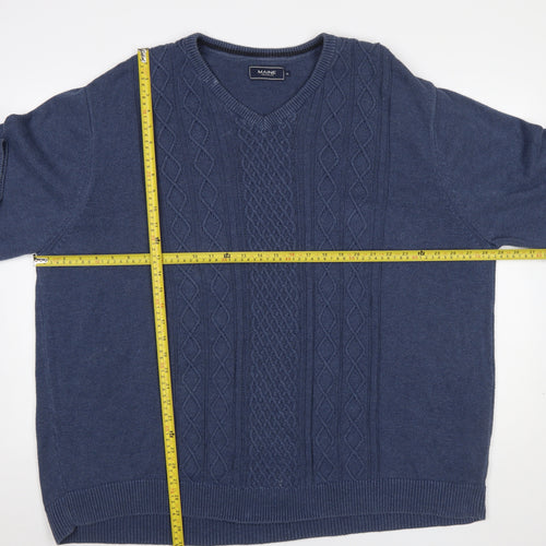 Maine New England Men's Blue XL Cable-Knit Cotton V-Neck Jumper