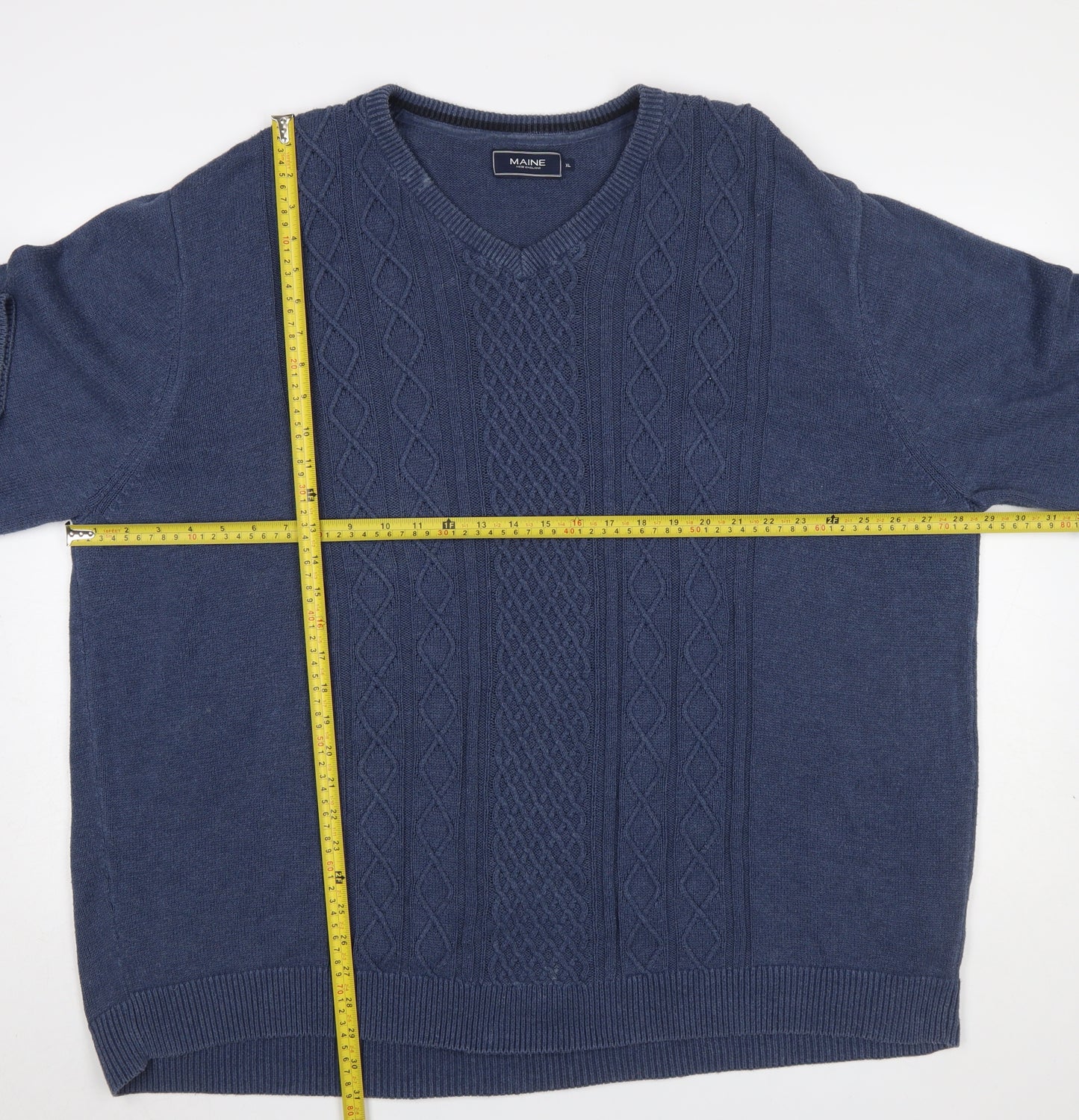 Maine New England Men's Blue XL Cable-Knit Cotton V-Neck Jumper