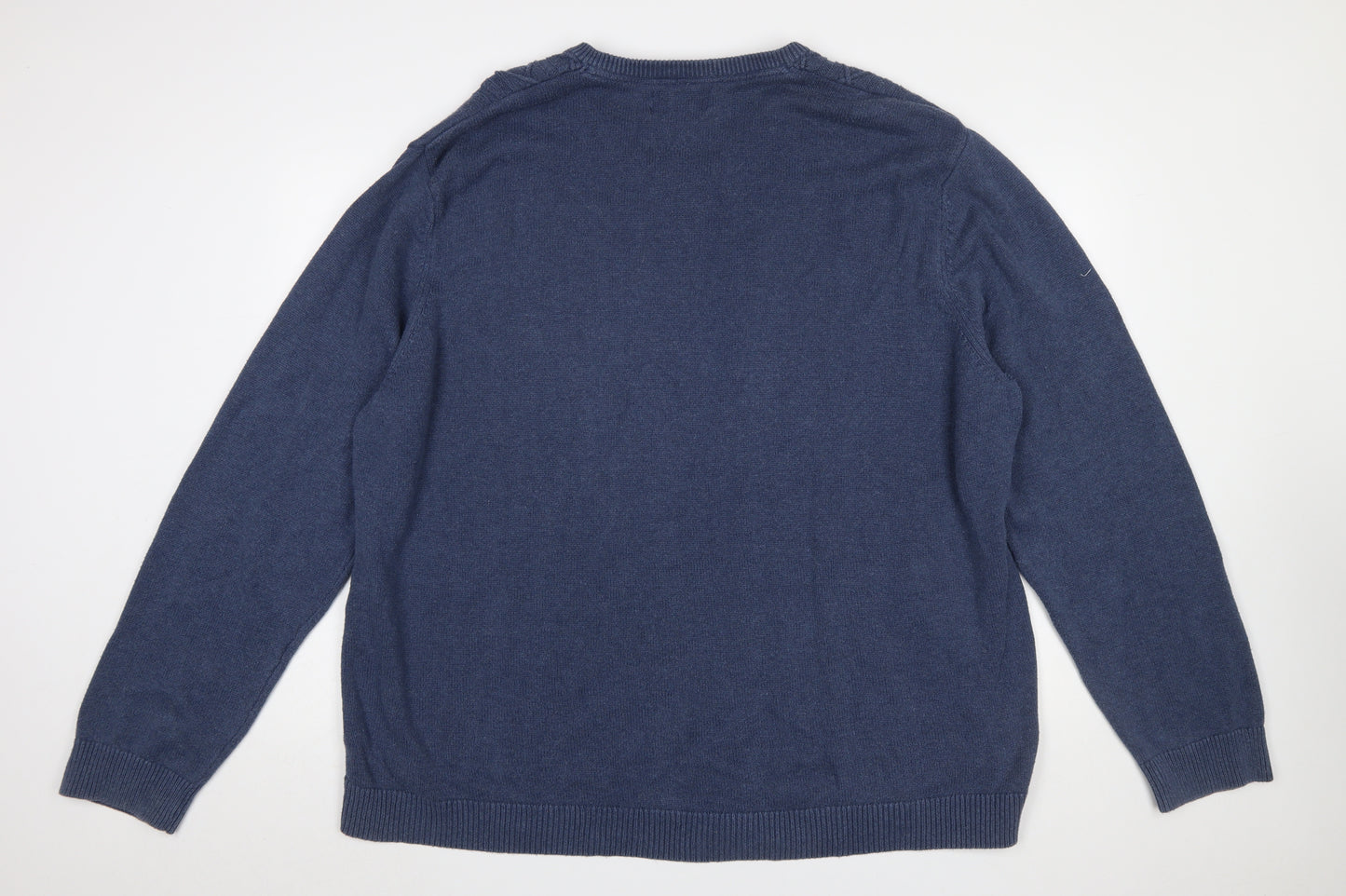 Maine New England Men's Blue XL Cable-Knit Cotton V-Neck Jumper